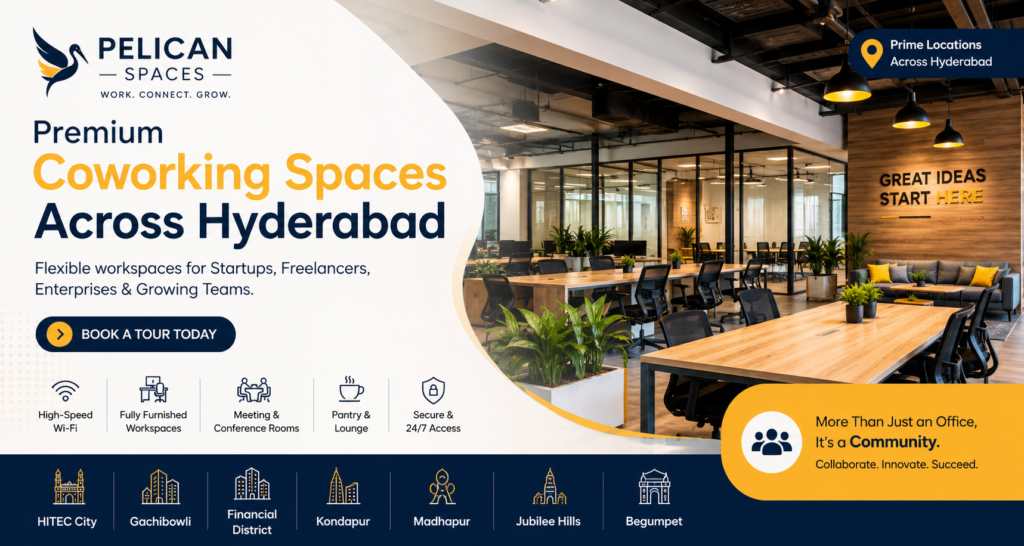 Coworking spaces across Hyderabad including HITEC City, Gachibowli, Financial District, Madhapur, Kondapur, and Jubilee Hills by Pelican Spaces